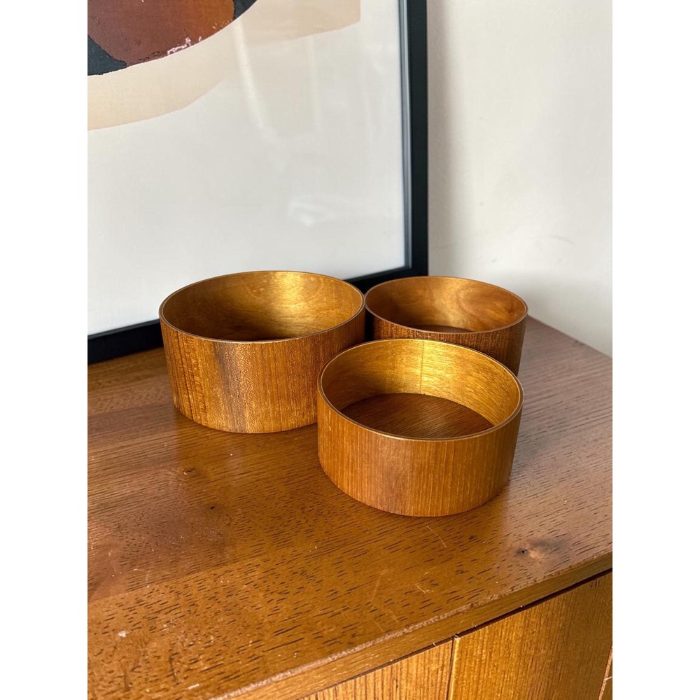 Vintage Teak Bentwood Nesting Snack Bowls, Mid Century Serving Set